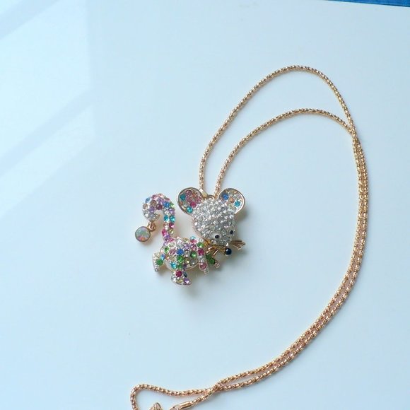 ❤️ NEW Multi-Color Rhinestone Mouse Pendant Necklace 24" Chain - Picture 8 of 8